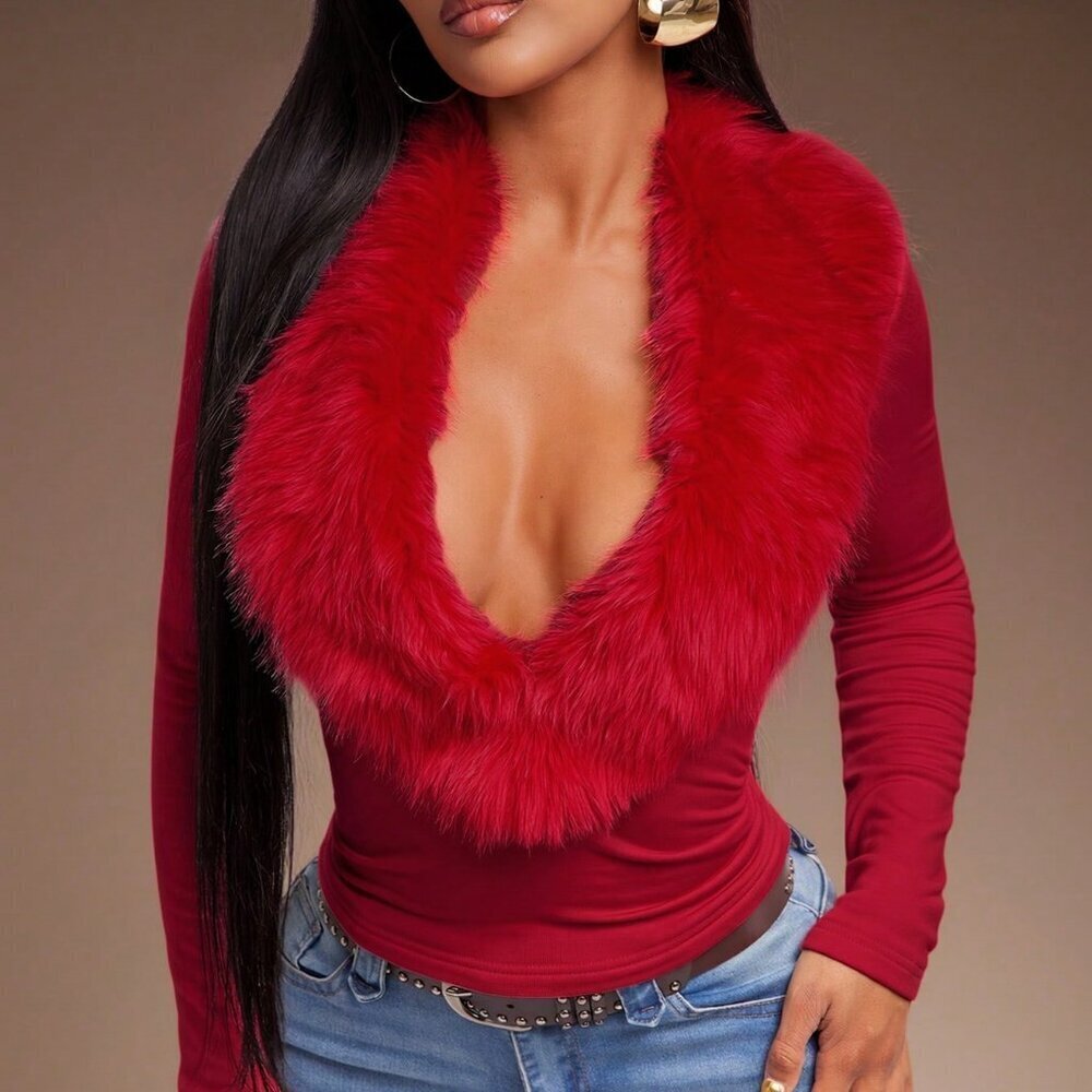 Red Sexy Women's Fitted Long Sleeve  faux fur detailed Top